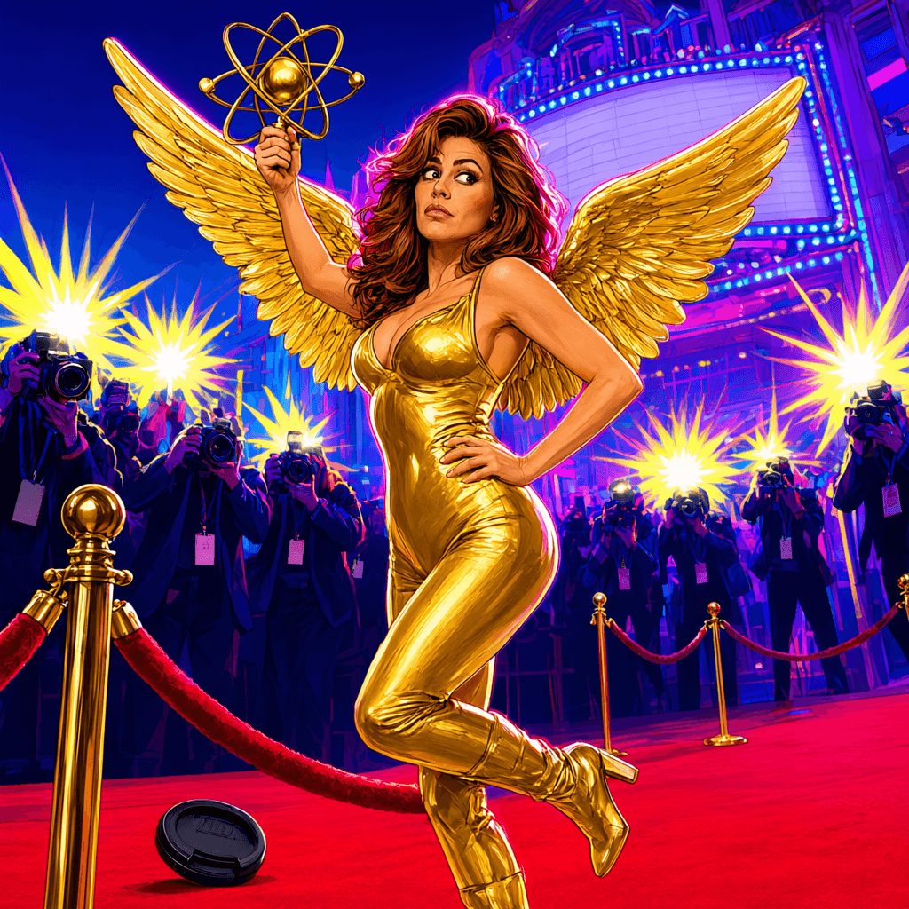 Cover art for She Came As The Trophy, inspired by: Comedian Meg Stalter hit the Emmys 2026 red carpet painted head-to-toe gold as a full Emmy statuette, wings and atom included, one year after going…