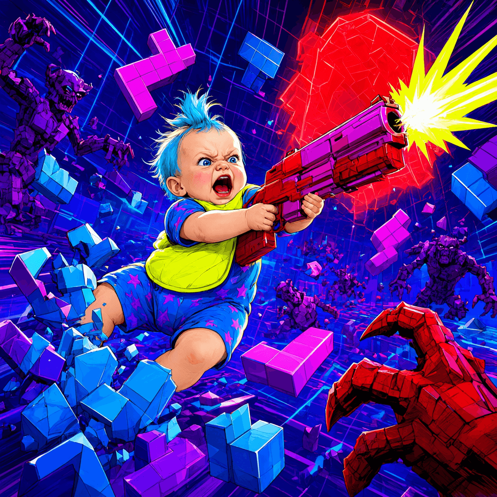 Cover art for Baby Got The Shotgun, inspired by: A bizarre new game turns Tetris into Doom-style chaos and arms a baby with a shotgun, per Dexerto gaming coverage.