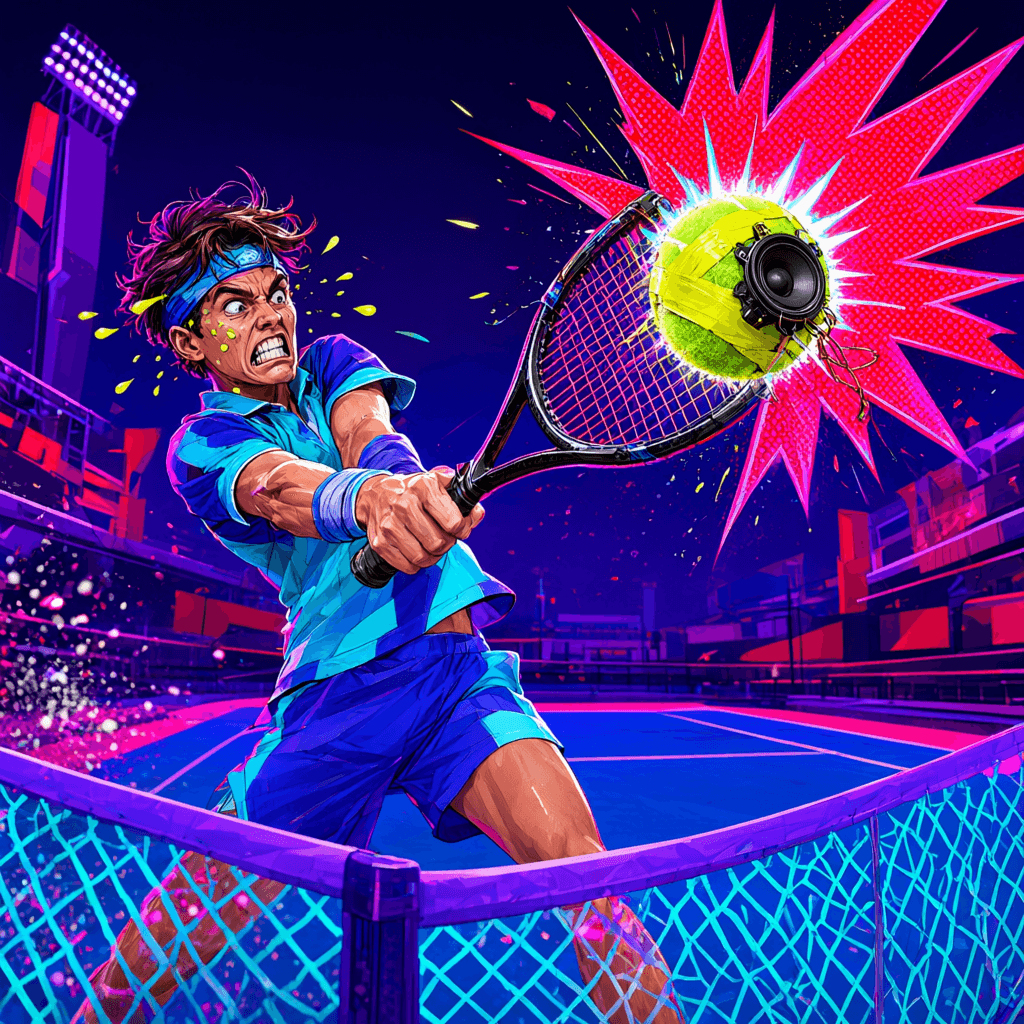 Cover art for The Grunt Ball, inspired by: A viral DIY tennis ball grunts every time it is hit, turning a quiet rally into comedy.