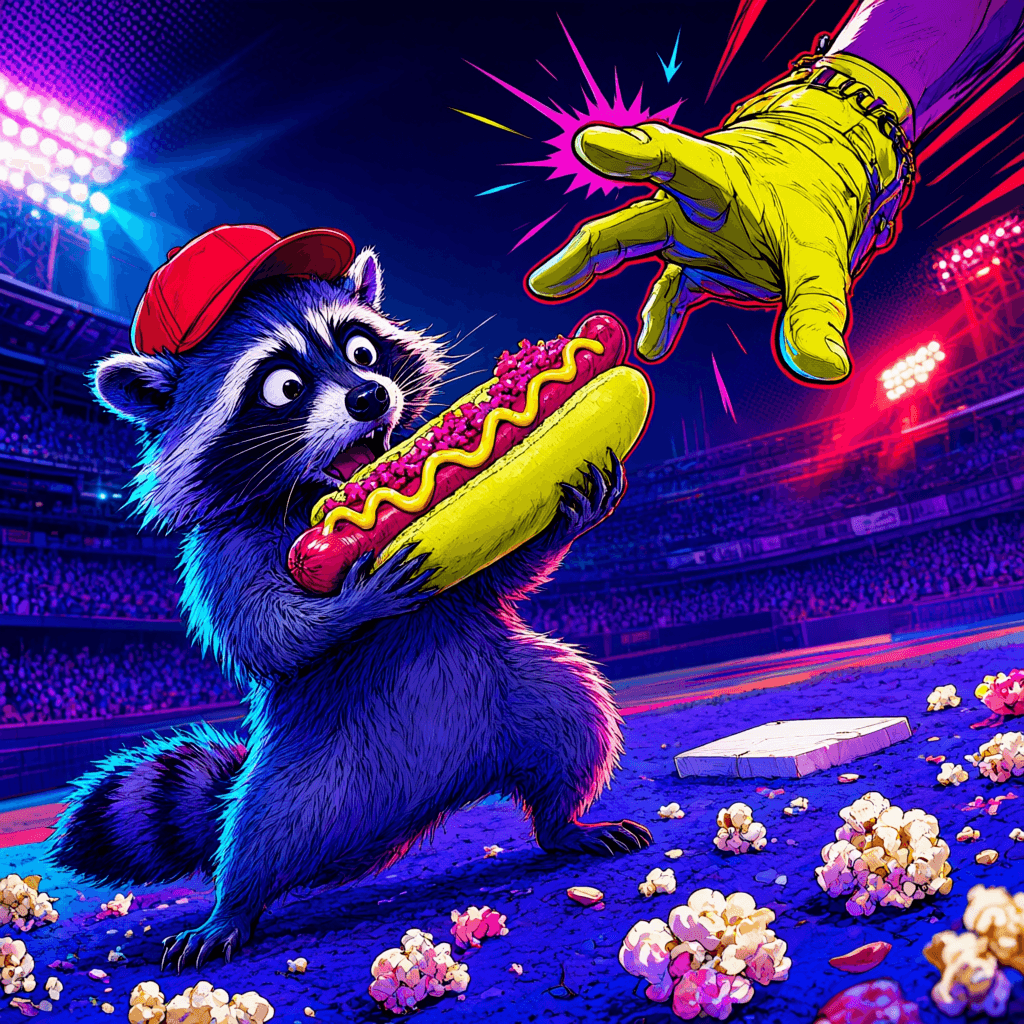 Cover art for Mystery Hand MVP, inspired by: A raccoon went viral at an MLB game when a mystery hand appeared and stole a whole hot dog.